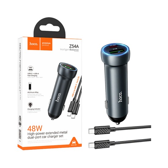 Carregador de Carro Hoco Z54A Prosperous 2 Portas USB+Tipo-C PD48W com cabo Tipo C para Tipo C 1m Cinza Metalizado Carregador de Carro Hoco Z54A Prosperous 2 Portas USB+Tipo-C PD48W com cabo Tipo C para Tipo C 1m Cinza Metalizado